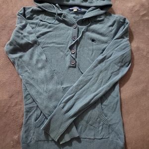 Burberry London Blue Label Button Front Hooded Cardigan Sweater Blue Wool SZ 38